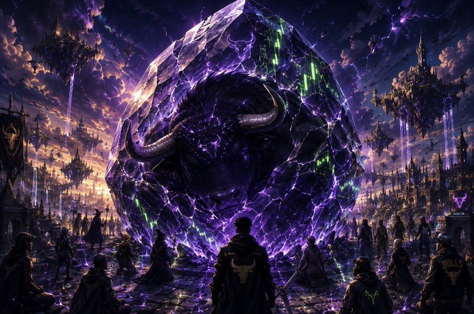 A fantasy digital artwork featuring a large purple bull skull encased in a glowing crystal, with floating castles and a figure standing before it in the foreground.