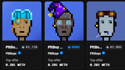 Three pixel-art NFT avatars from the 'PitBoys' collection listed on a marketplace, with top offers of 0.201 ETH each for tokens #3,720, #888, and #2,085.