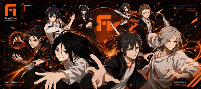 Promotional artwork for the game 'ForeGate' featuring multiple anime characters in dynamic action poses with orange and black themed branding and the tagline 'PLAY. PREDICT. WIN.'