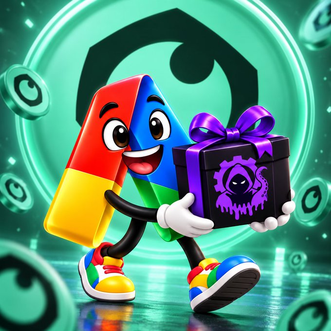 A 3D-rendered Google 'A' character with a smiling face holds a purple gift box labeled with a hooded figure logo, set against a glowing green background.