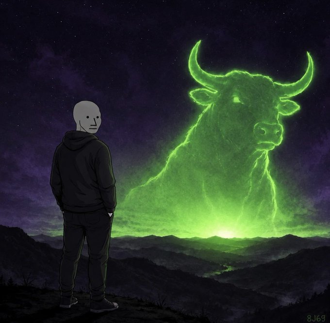 A digital illustration of a masked figure in a black hoodie looking at a massive, glowing green spectral bull rising over a mountainous landscape under a starry night sky.