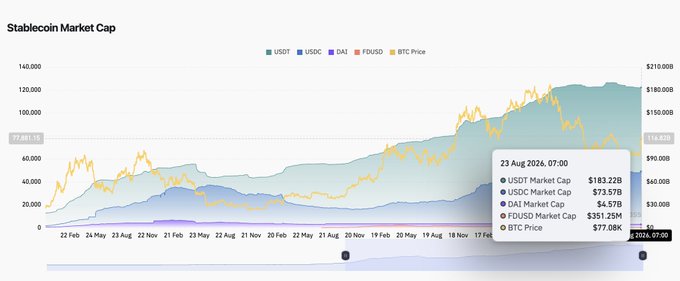 A 'Stablecoin Market Cap' chart tracking USDT, USDC, DAI, and FDUSD alongside BTC Price from February to November, with a tooltip showing data for 23 Aug 2026: USDT $183.22B, USDC $73.57B, DAI $4.57B, FDUSD $351.22M, BTC Price $77.08K.