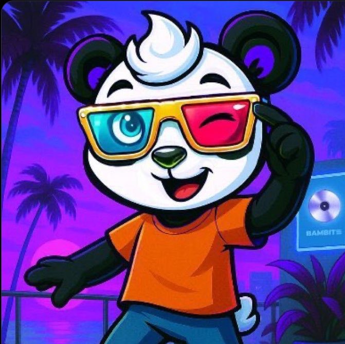 A cartoon panda character with a white tuft of hair, wearing 3D glasses with blue and red lenses and an orange shirt, posing with palm trees and a 'BAMBITS' sign in a purple tropical setting.