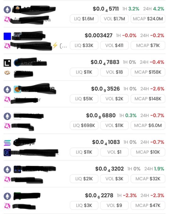 A cryptocurrency trading screen displaying various tokens with redacted names, showing price changes, liquidity (LIQ), volume (VOL), and market cap (MCAP) figures.