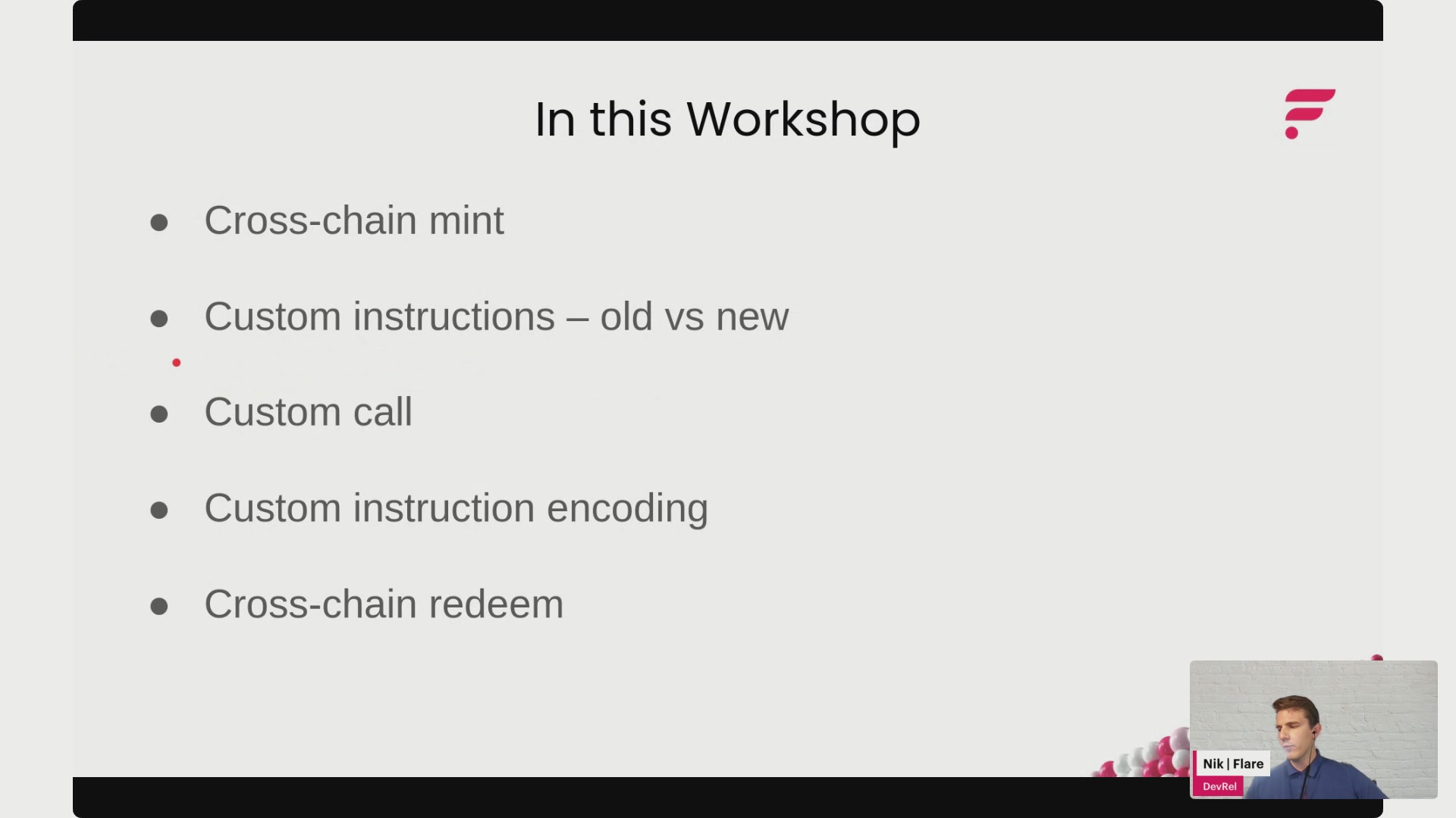 The image shows a presentation slide with a man sitting at a desk, likely presenting or discussing the content of the slide. The title "In this workshop" is displayed above the man's head, indicating that he is speaking about the topic. The slide has text and bullet points explaining custom instructions and how to use them for cross-chain minting and redeeming.