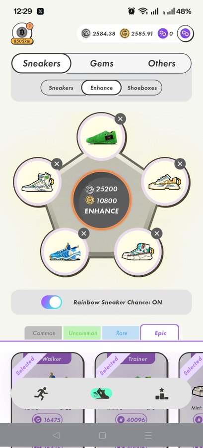 The image shows a phone screen displaying an app called "Stepn Polygon Realm". The app has a purple background with white text, and there are several images of shoes displayed on the screen. The app also features a button that says "Pull the trigger" in green letters. The surrounding area includes other apps such as "Stepn Polygon Realm", "Shoe Enrichment", and "Rainbow Runner".