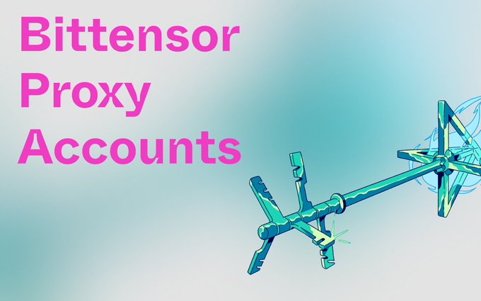 The image features a blue and green propeller-like object, which appears to be a symbol for a Proxy account. The text "Bittensor Proxy Accounts" is written above this object, indicating its purpose or nature. The background of the image has a gradient effect with shades of pink and blue, creating an artistic and visually appealing backdrop. The caption below the image provides information about how to use these Proxy accounts in Talisman, suggesting that they are already live and can be accessed by users who have invested in TAO managed index funds or executed a $TAO limit buy/sell order.