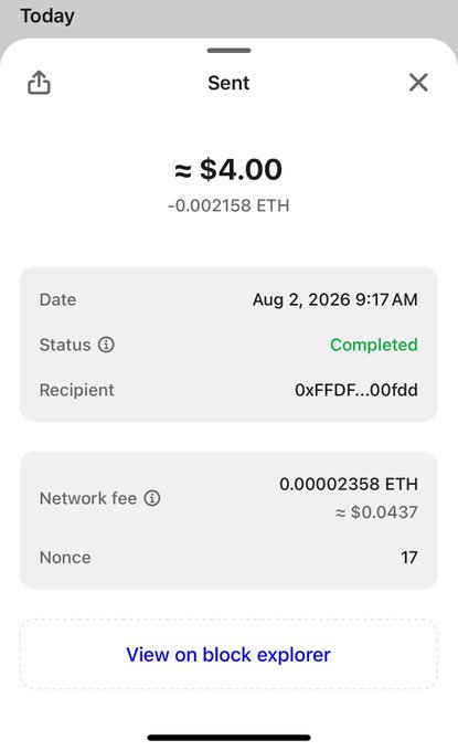A mobile wallet transaction screen shows a completed ETH transfer of approximately $4.00 (-0.002158 ETH) sent to address 0xFFDF...00fdd on Aug 2, 2026, with a network fee of 0.00002358 ETH (~$0.0437). The transaction's relatively high fee-to-amount ratio humorously illustrates the post's "Let's create more space together" message about the cumbersome nature of small crypto transactions.