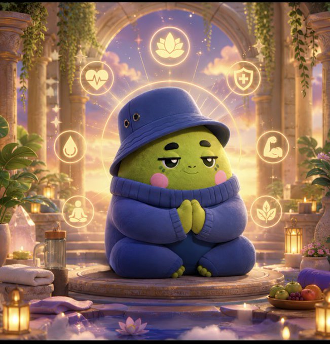 A whimsical digital illustration of a green chubby character wearing a blue bucket hat and matching sweater, meditating peacefully in a serene temple-like setting surrounded by wellness icons and glowing candles.