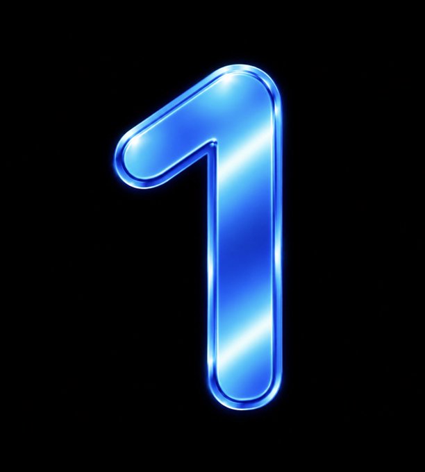 A glowing blue number '1' with a metallic, glass-like appearance on a solid black background.