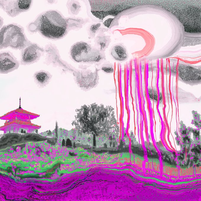 A glitch-style digital landscape with a pink and gray pagoda, dark clouds, and a large jellyfish-like form with pink and purple tentacles dripping over a vibrant green and magenta ground.