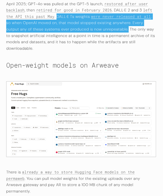 A screenshot of an article discussing AI model archiving, with highlighted text reading "DALL-E's weights were never released at all so when OpenAI moved on, that model stopped existing anywhere. Every output any of these systems ever produced is now unrepeatable," followed by a section titled "Open-weight models on Arweave" showing the Hugging Face "Free Hugs" model page.