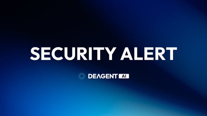 A blue gradient screen displays a 'SECURITY ALERT' message with the 'DEAGENT AI' logo.