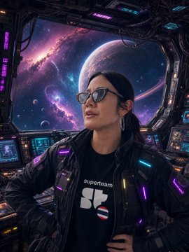 A person wearing sunglasses and a 'superteam SR' shirt stands in a sci-fi spaceship cockpit with a view of colorful cosmic planets.