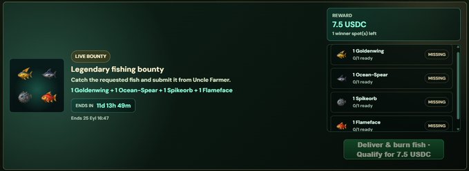 A screenshot of a 'Legendary fishing bounty' quest interface offering 7.5 USDC reward, requiring delivery of one Goldenwing, one Ocean-Spear, one Spikeorb, and one Flameface fish.