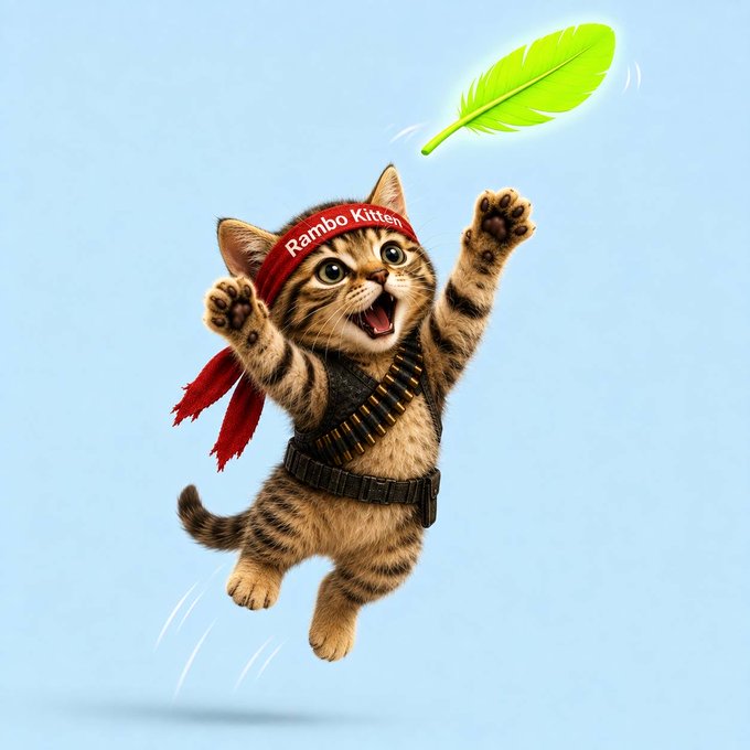 A whimsical illustration of a tabby kitten wearing a red headband labeled 'Rambo Kitten' and a bandolier, leaping joyfully to catch a glowing green feather.