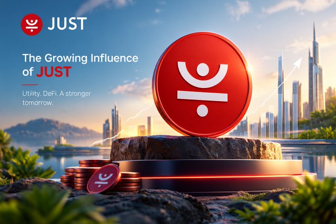 A promotional graphic for the cryptocurrency 'JUST' features a large red coin on a pedestal, with the text 'The Growing Influence of JUST' and 'Utility. DeFi. A stronger tomorrow.'