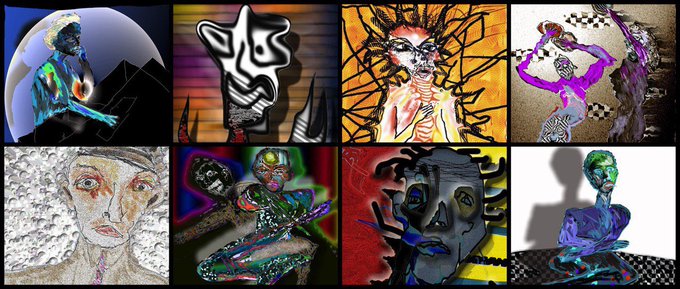 The image features a collection of twelve digital artworks, each with different themes and styles. The artworks are arranged in a grid format, showcasing various aspects of the artists' creativity. The colors used in these artworks range from black and white to vibrant shades of orange and blue. The post also mentions that this is an old collection of digital art created by GM @Hafftka starting in 2004. Collectors hold these works tightly, making them a valuable and sought-after piece of art history.