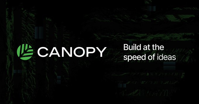 A dark banner with a green leaf logo and white text reading 'CANOPY' alongside the tagline 'Build at the speed of ideas.'