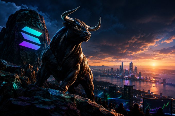 A dark digital illustration features a muscular bull with glowing blue eyes and a Solana logo on a rock, overlooking a sunset cityscape with financial charts.