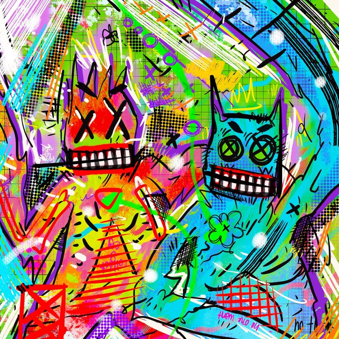 Vibrant, chaotic graffiti-style artwork featuring two cartoonish monster figures with X-shaped eyes and jagged toothy grins, rendered in neon colors with halftone textures and scribbled text accents.