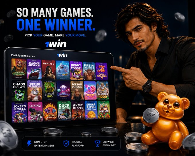 A promotional banner for the online gaming platform '1win' featuring a man pointing at a tablet screen displaying various games like 'Mental 2,' 'Donny Dough,' 'Chaos Crew 2,' and 'Sugar Rush 1000,' with the tagline 'So Many Games. One Winner.' and icons for non-stop entertainment, trusted platform, and big wins.