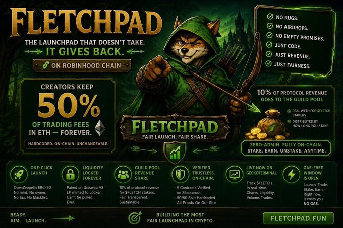 The image is a promotional graphic for FLETCHPAD, a launchpad on the Robinhood Chain, featuring a hooded fox archer mascot and highlighting that creators keep 50% of trading fees forever, along with the live Guild Pool where stakers share 10% of protocol revenue by staking $FLETCH with no lock-up, matching the post's announcement of the Guild going live with transparent on-chain revenue distribution.