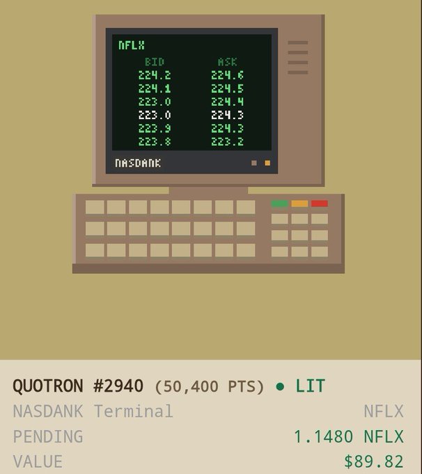 A digital illustration of a vintage 'NASDANK' terminal displaying NFLX stock bid and ask prices, labeled 'QUOTRON #2940' with a value of $89.82.