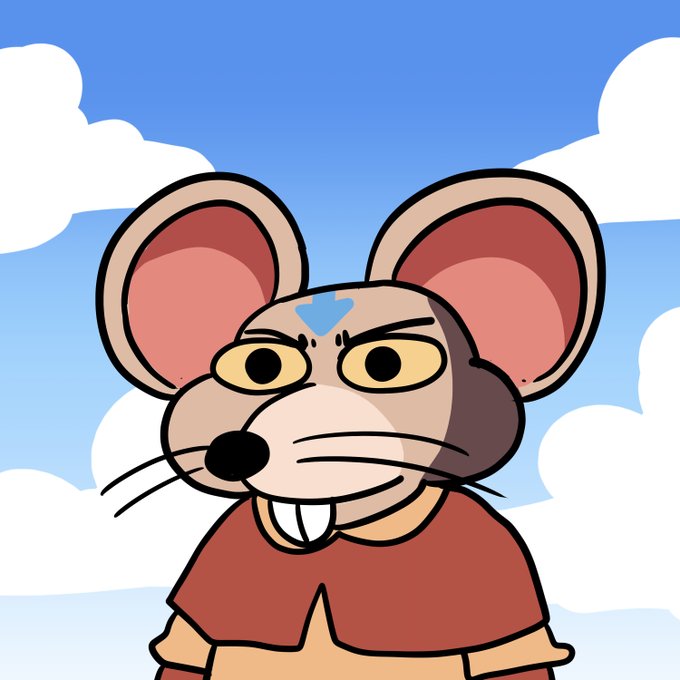 A cartoon illustration of a stern-looking mouse with large ears, buck teeth, and a blue forehead marking against a sky background.