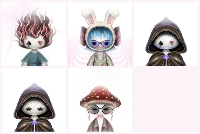 A 2x3 grid of five cute, whimsical character illustrations including figures with pink flame hair, a bunny hood, dark hooded cloaks, and a mushroom cap, all featuring delicate facial features.
