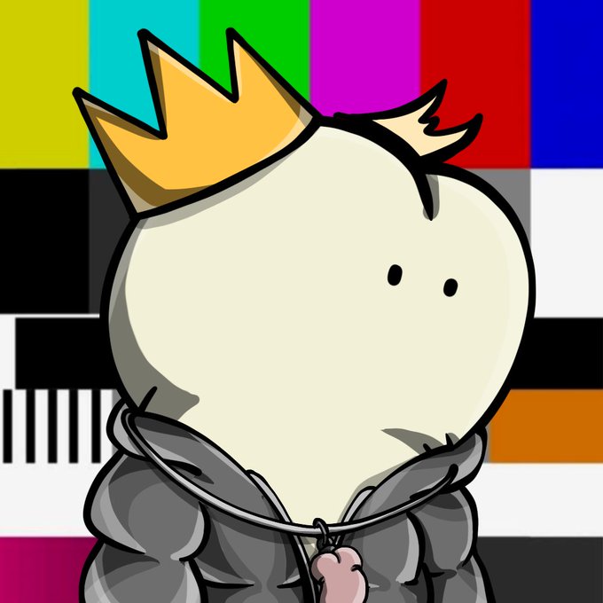 A cartoon character wearing a gold crown and gray hoodie stands in front of a TV test pattern background with color bars and a piano keyboard. The image appears to be NFT artwork from the Pine collection, which the poster recently purchased from the market.