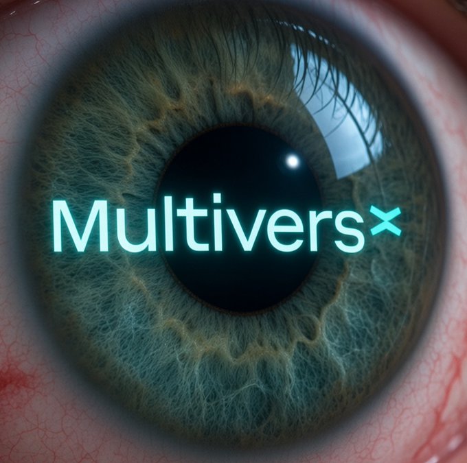 A close-up of a green eye features the glowing 'Multiversx' logo centered over the pupil.