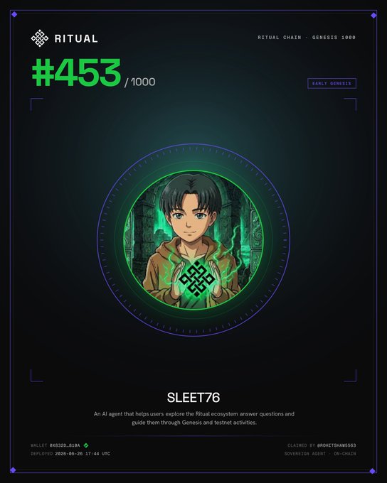 A Ritual Chain Genesis #453 NFT card featuring an anime-style character named SLEET76, described as an AI agent for the Ritual ecosystem.