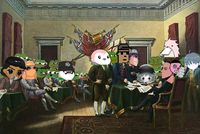 A classical painting depicting a historical signing assembly has been edited with Pepe the Frog characters wearing various hats and expressions, including a central standing figure in colonial attire reading from a document. The humorous caption "literally wale and ct rn" appears to be internet slang suggesting the image parodies a moment of significant agreement or pact, with "wale" likely referring to the crypto whale investor and "ct" to crypto Twitter discussing an important market consensus.