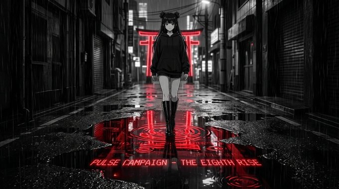 A dark anime-style illustration depicts a girl with black hair walking down a rainy city street with red neon accents, featuring the text 'PULSE CAMPAIGN - THE EIGHTH RISE'.