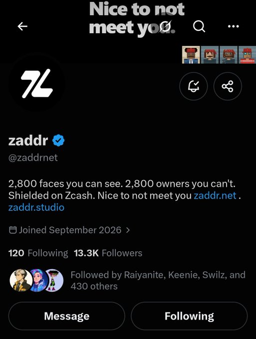 A Twitter/X profile page for the verified account "zaddr" (@zaddrnet), which advertises "2,800 faces you can see. 2,800 owners you can't" with links to zaddr.net and zaddr.studio, showing 120 following and 13.3K followers. The post references applying for a whitelist (WL) to claim one of 2,800 ZEC faces on the platform.