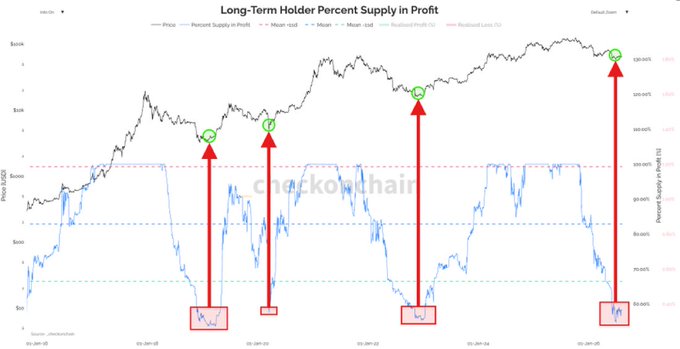 A line chart titled "Long-Term Holder Percent Supply in Profit" from checkonchain.com tracks Bitcoin's price (black line, USD/BTC) and long-term holder supply in profit (blue line, %) from January 2017 to January 2025, with red arrows highlighting historical moments when the supply in profit dipped to ~20% and coincided with major price lows (circled in green). The chart illustrates the post's "wealth mindset" message—showing that periods of maximum fear, where long-term holder profitability crashes to lows like 20-30%, have historically preceded major Bitcoin rallies (~$130K highs).