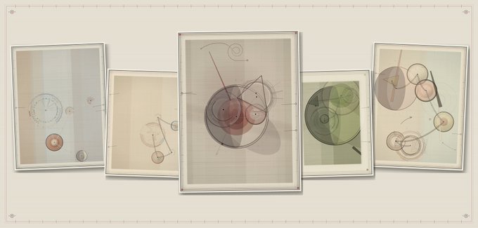 A row of five framed minimalist geometric artworks featuring circles and triangles in muted tones of beige, red, green, and pink, displayed on a wall.