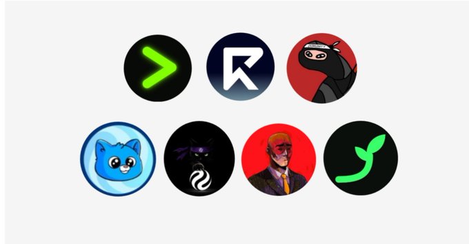 A collection of seven circular icons arranged in two rows on a white background, featuring various designs including a green arrow, a stylized 'R', a ninja character, a blue cat, and others.