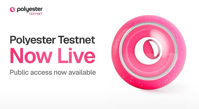 A promotional graphic announcing 'Polyester Testnet Now Live' with 'Public access now available' alongside a pink circular logo.