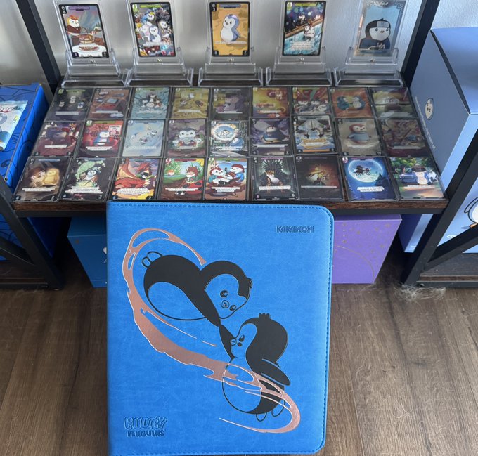 A display of Lil Pudgys NFT trading cards arranged in a stand, with a blue 'KAKAMON' card binder featuring a black silhouette of two figures placed in front of the cards.