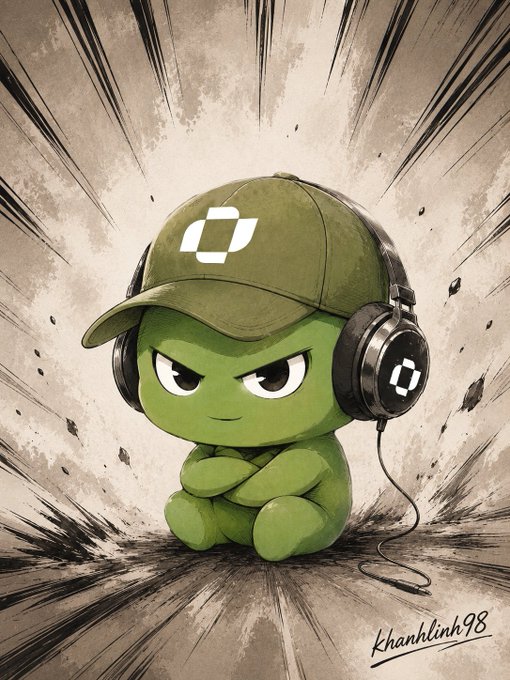 A stylized illustration of a small green chibi character wearing a green cap and large headphones, sitting with crossed arms in an anime/manga art style, signed 'khanhlinh98'.