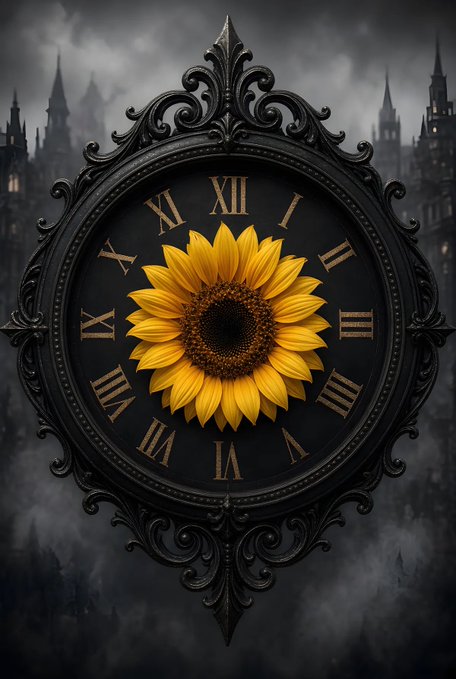An ornate black gothic clock face features Roman numerals with a large yellow sunflower in the center, set against a dark background showing silhouetted castle spires.