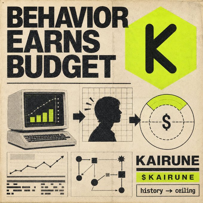 A retro-styled graphic with bold text reading 'BEHAVIOR EARNS BUDGET' and 'KAIRUNE' alongside a large 'K' logo, featuring illustrations of a vintage computer, a person's silhouette, and a dollar sign gauge.