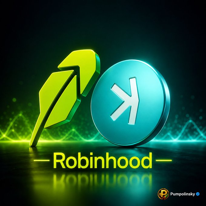 A glowing 3D logo for the Robinhood Chain features a green arrow and a teal coin marked with "X," with "Robinhood" displayed prominently below, set against a dark background with light streaks. The watermark "Pumpolinsky" appears in the bottom right corner. The image visually supports the post's argument by showcasing Robinhood Chain's thriving memecoin ecosystem as a model for what Kaspa ($KAS) could achieve with a similar DEX presence.