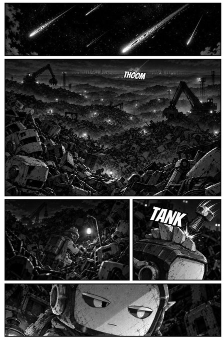 A black-and-white manga page depicting a post-apocalyptic junkyard scene with falling meteors, the sound effect 'THOOM', and a robot character whose head gets crushed with the sound effect 'TANK'.