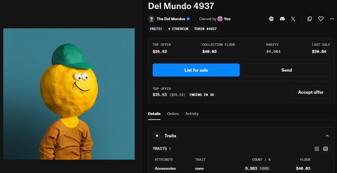 An OpenSea NFT listing page for 'Del Mundo 4937' (ERC721, Ethereum Token #4937), showing a yellow textured face wearing a green baseball cap and brown shirt, with a top offer of $35.63 and a collection floor of $40.03.