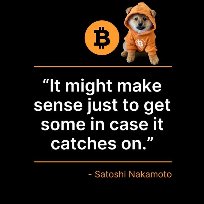 A black graphic with a Shiba Inu dog wearing an orange Bitcoin hoodie next to the Bitcoin logo, featuring the quote 'It might make sense just to get some in case it catches on.' - Satoshi Nakamoto.