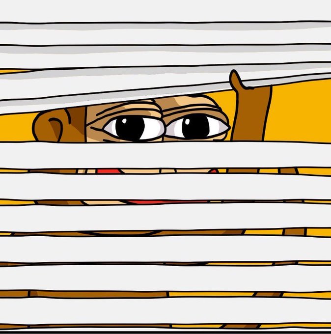 Cartoon illustration of a character peeking through yellow window blinds, with only their eyes and part of their nose and mouth visible between the slats.