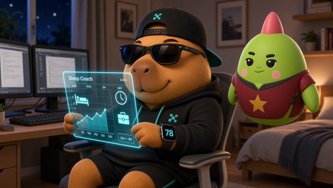 A 3D rendered cartoon bear wearing sunglasses and a cap sits at a computer displaying a 'Sleep Coach' interface, with a green star-shaped character nearby in a bedroom setting.